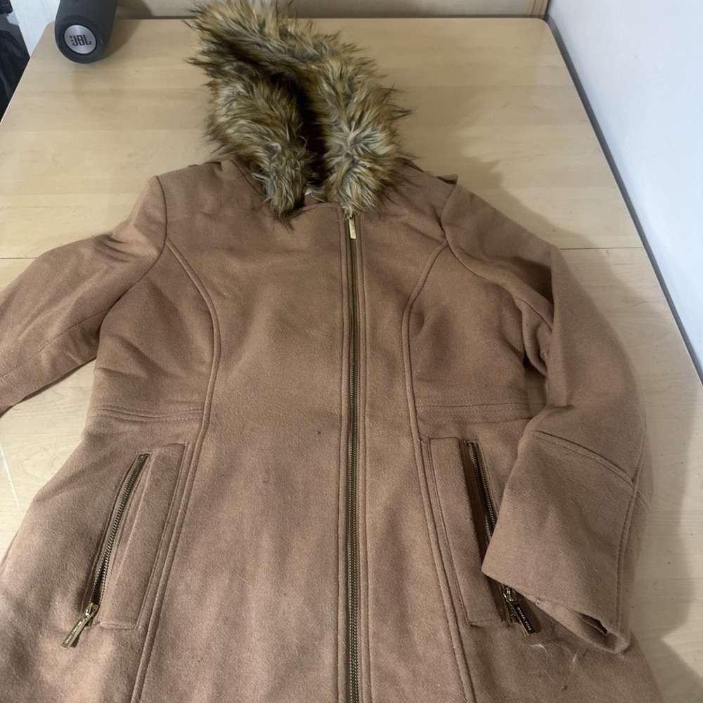 Michael Kors Sz 6 Asymmetrical Zip Coat Camel Tan Wool Jacket Faux Fur Hooded‎